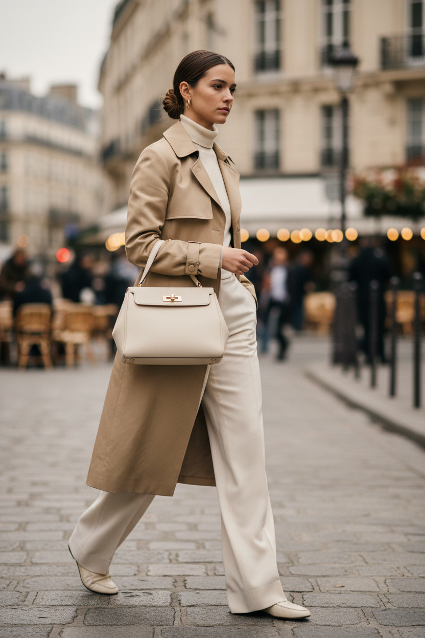 Femme élégante marchant dans les rues de Paris avec un sac à main Velorie Paris en cuir beige structuré